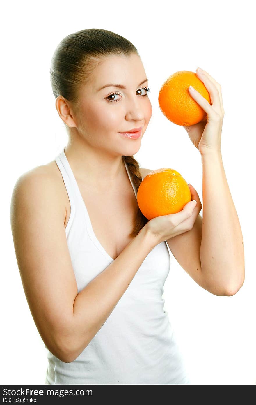 Beautiful girl with two juicy oranges stuido shot