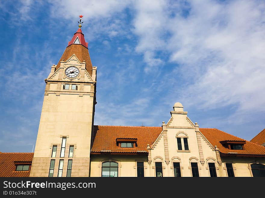 The clock tower in downtown qingdao, china.