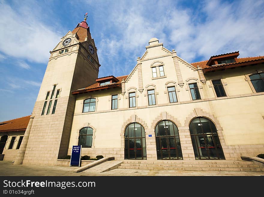 The clock tower in downtown qingdao, china.