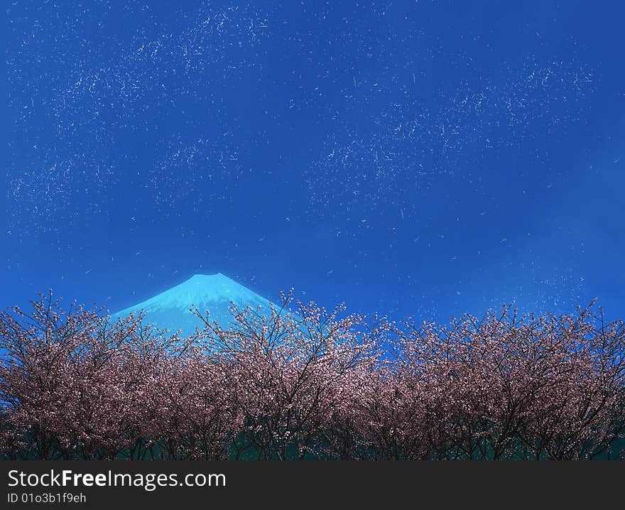 3D illustration of Mount Fuji and Sakura trees. 3D illustration of Mount Fuji and Sakura trees