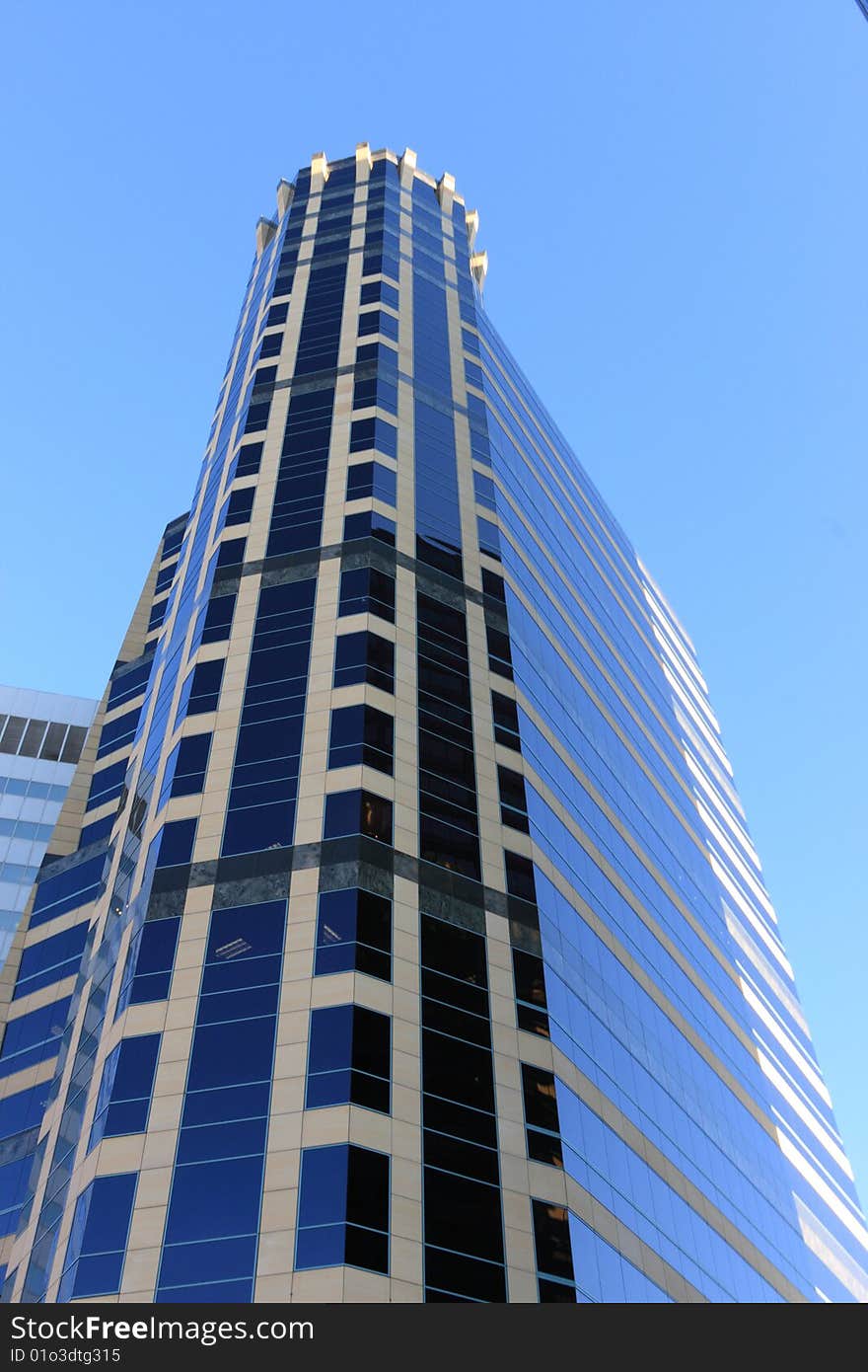 The blue tower building in Los Angeles