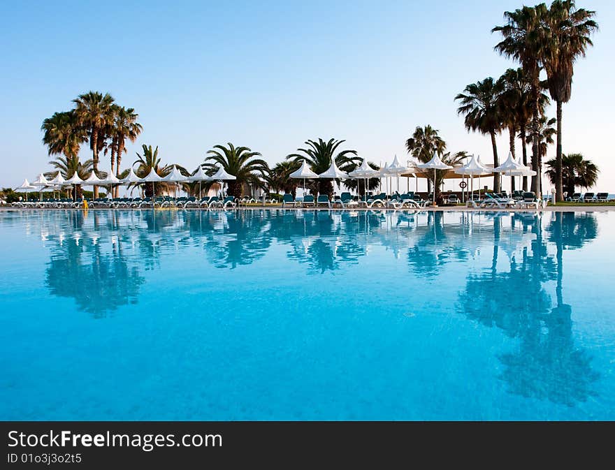 Pool with palms reflecting in the water on a seaside resort