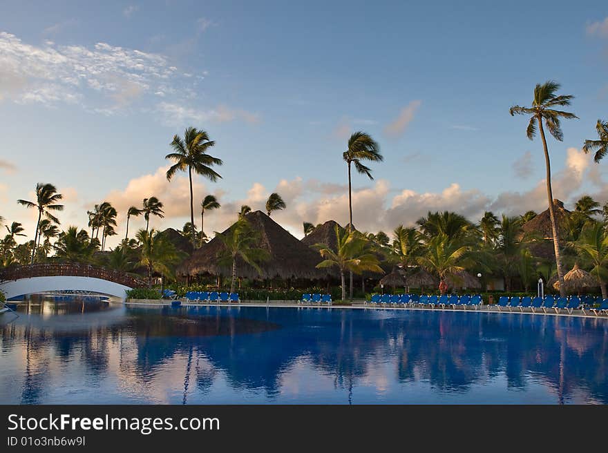 Pool with white bridge and palms