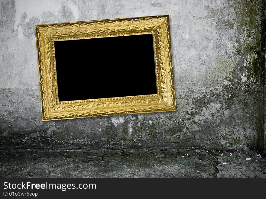 Grunge interior with vintage gold frame