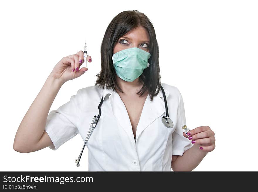 Girl with injection posing in studio