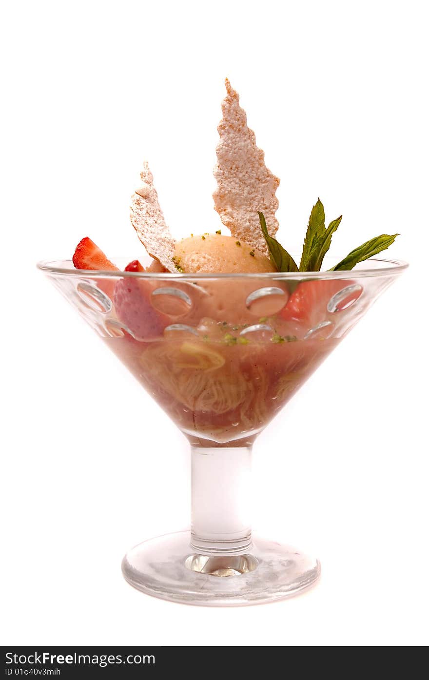 Gourmet ice cream in a bowl with strawberry isolated