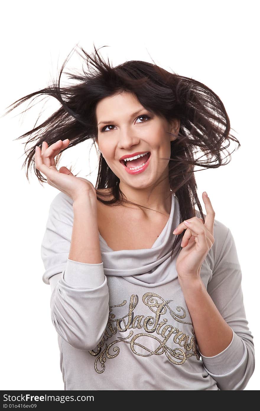 Smiling woman with beautiful flying hair