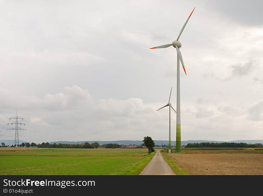 Wind Turbines at the rural field near the road