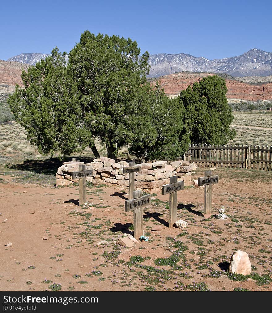 Several graves of unidentified people lie at an old ghost town cemetary near Leeds Utah. Several graves of unidentified people lie at an old ghost town cemetary near Leeds Utah