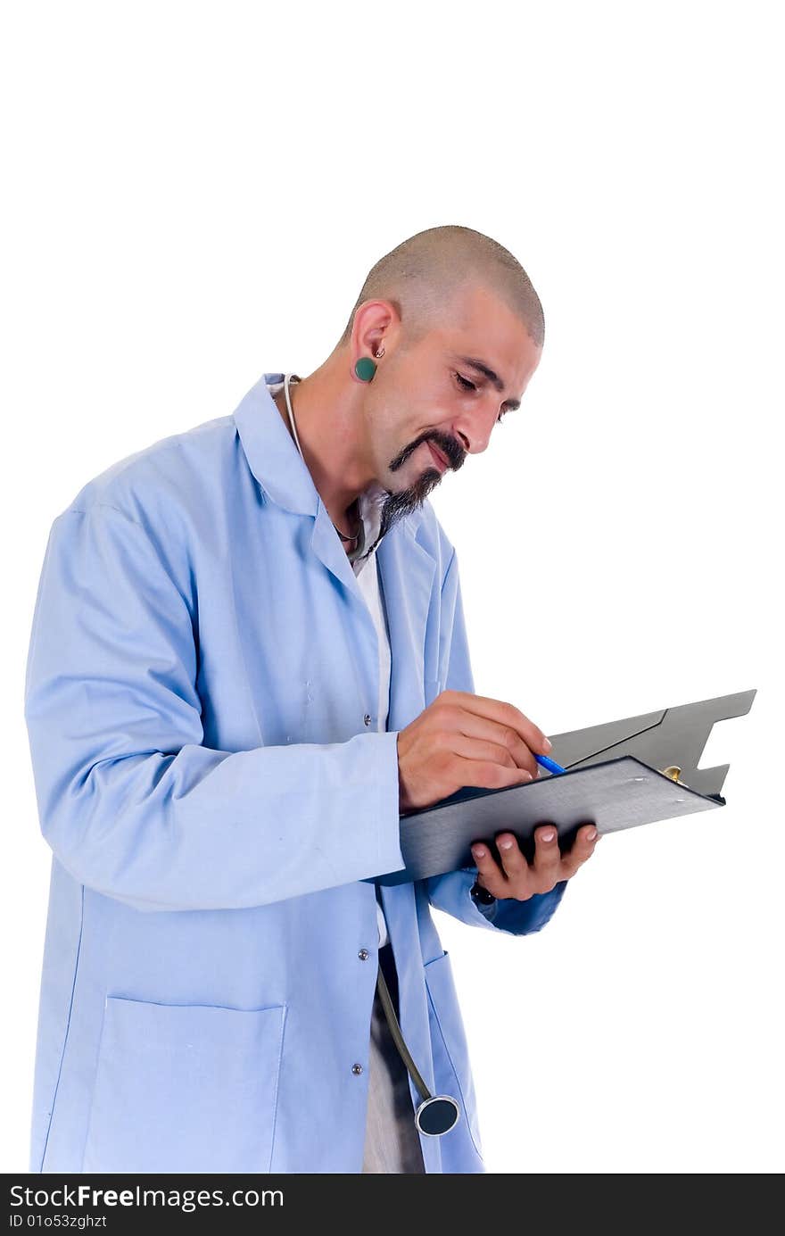 Alternative doctor with stethoscope and earrings taking notes, studio shot, white background. Alternative doctor with stethoscope and earrings taking notes, studio shot, white background