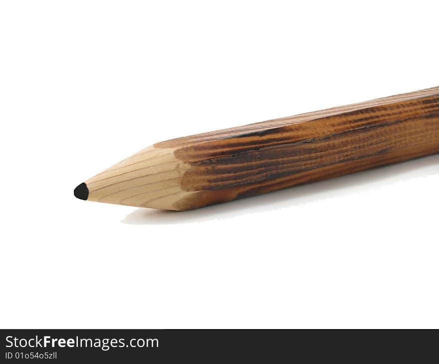 Old orange wood pencil with eraser isolated on pure white background