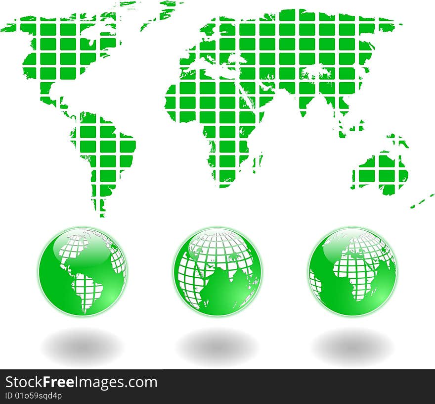 The vector green world map and globe