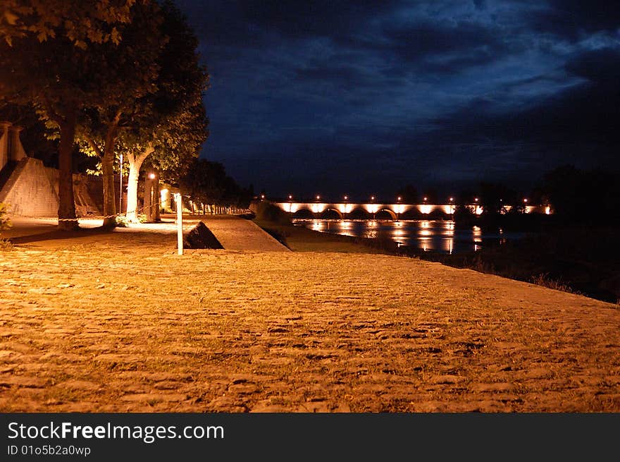 Navigation channel above the Loire river at night. Navigation channel above the Loire river at night