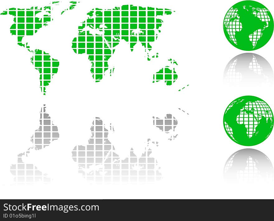 The vector green world map and globe