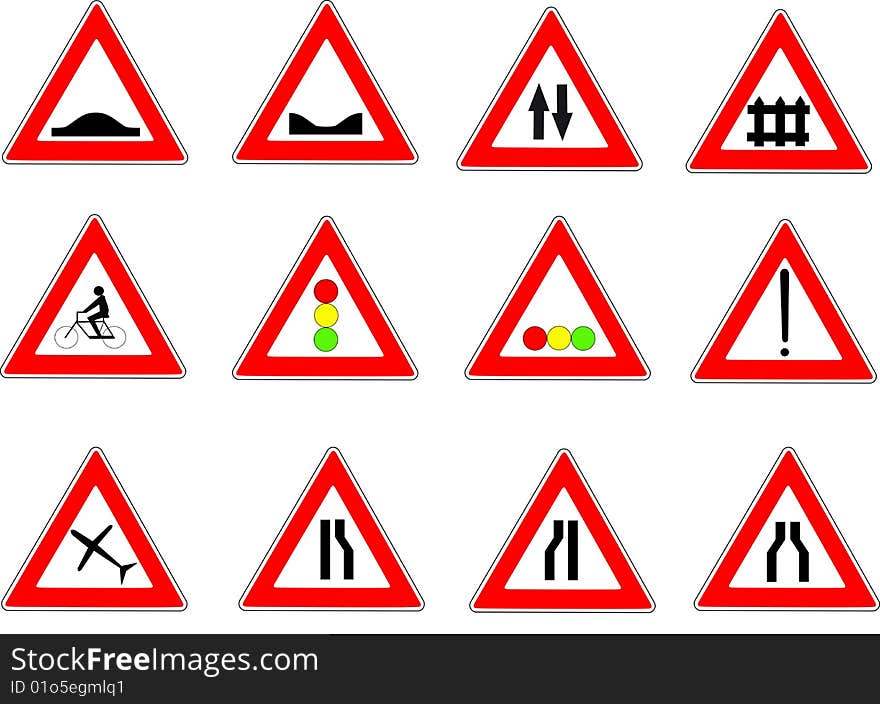 Twelve traffic signs of danger red three-sided. Twelve traffic signs of danger red three-sided