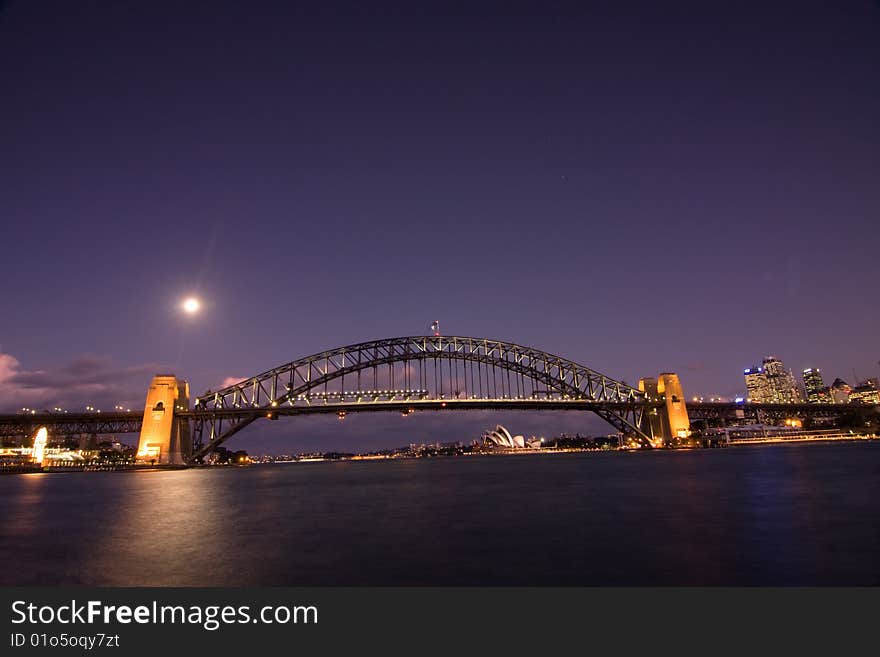 Sydney Harbour Bridge just after sunset. Tilted perspective and blue toned. Long exposure and twilight. Sydney Harbour Bridge just after sunset. Tilted perspective and blue toned. Long exposure and twilight.