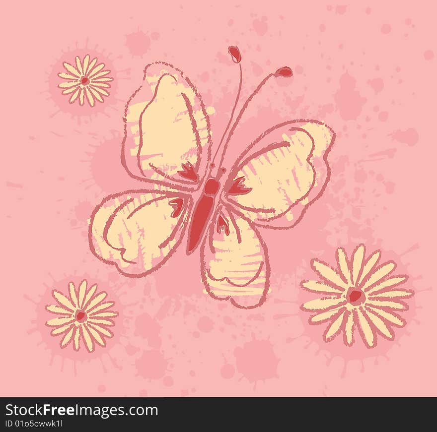 Yellow butterfly on an pink background, hand draw