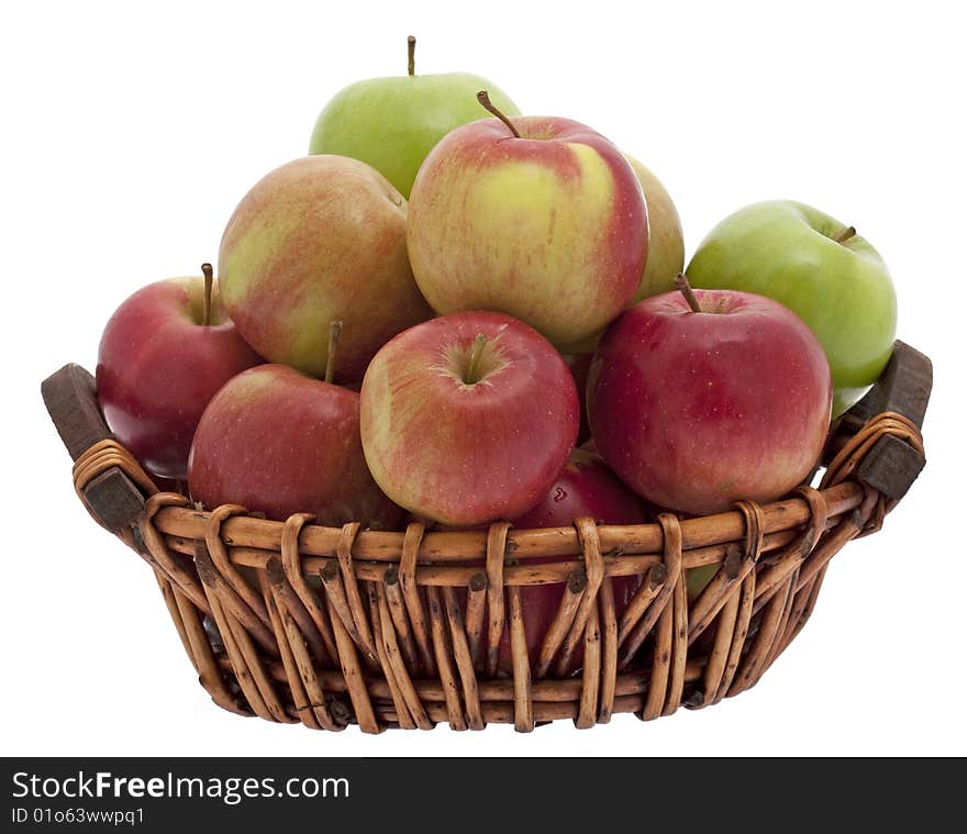 Apple basket, different apple types in a basket against a white background