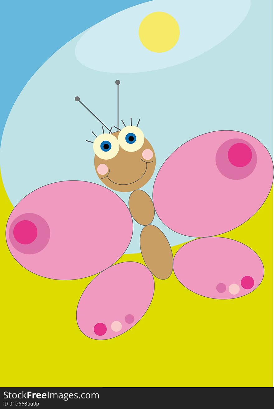 Nice cartoon pink butterfly with big blue eyes and long lashes, over green and blue background