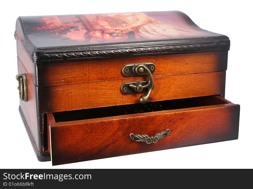 Casket for storage of ornaments and jewelry on a white background