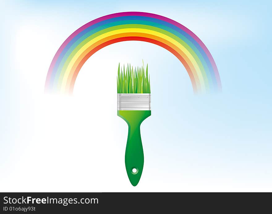 green brush and rainbow background