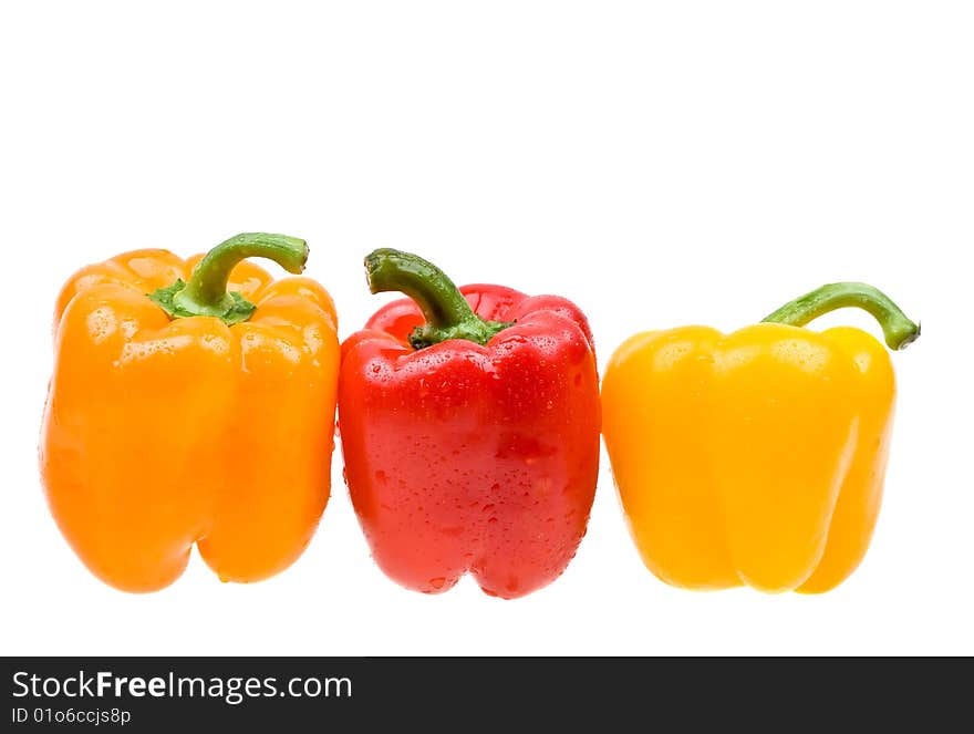 Close-up color paprika with water drops isolated on white background. Close-up color paprika with water drops isolated on white background