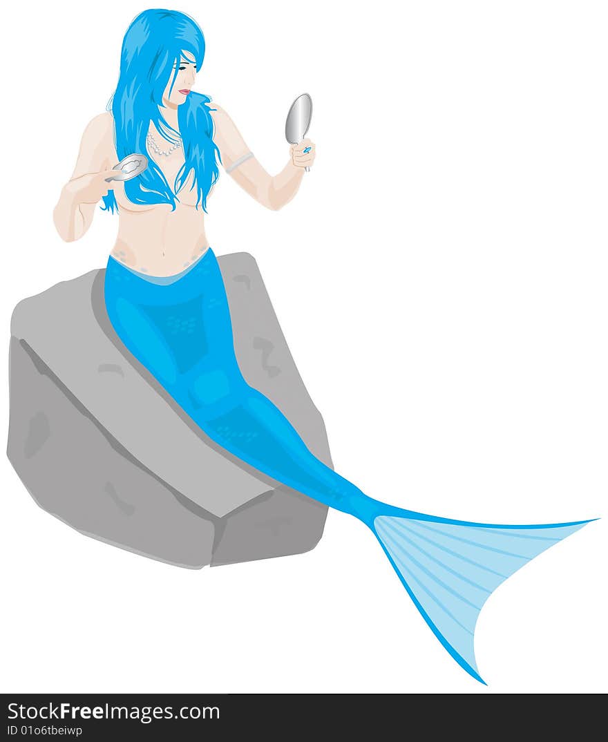 Vector illustration of a blue haired mermaid grooming herself. . Vector illustration of a blue haired mermaid grooming herself.