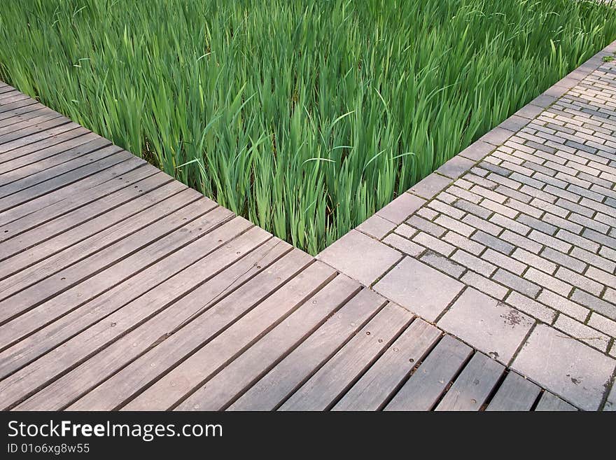 Plank Platform And Brick Footpath Beside Grasses