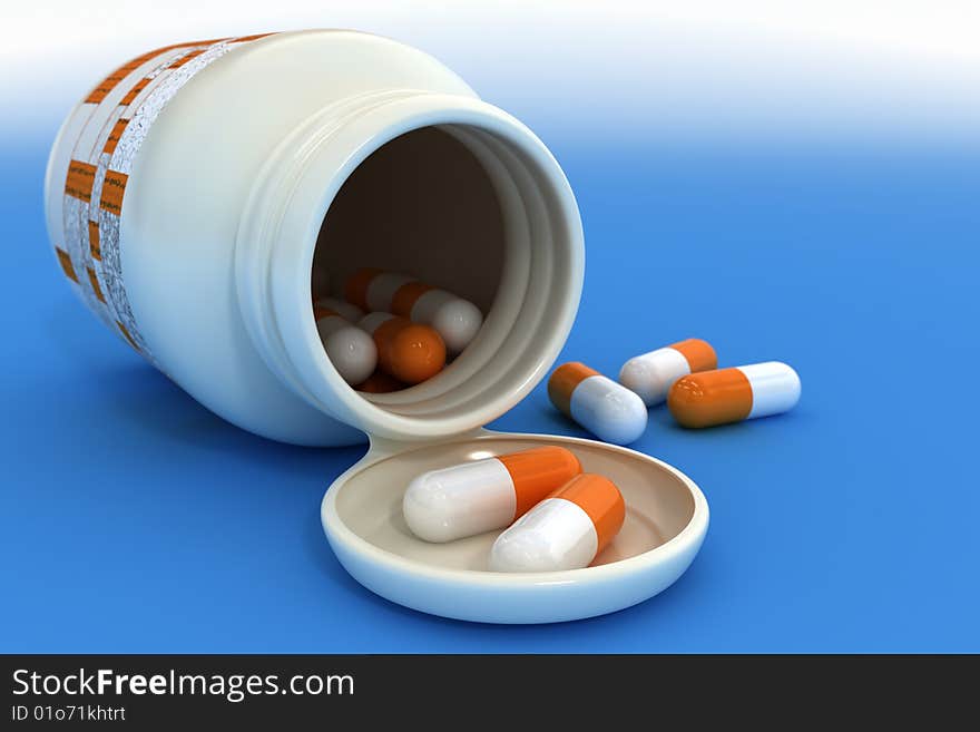 3d close-up render of orange pills in plastic container. 3d close-up render of orange pills in plastic container