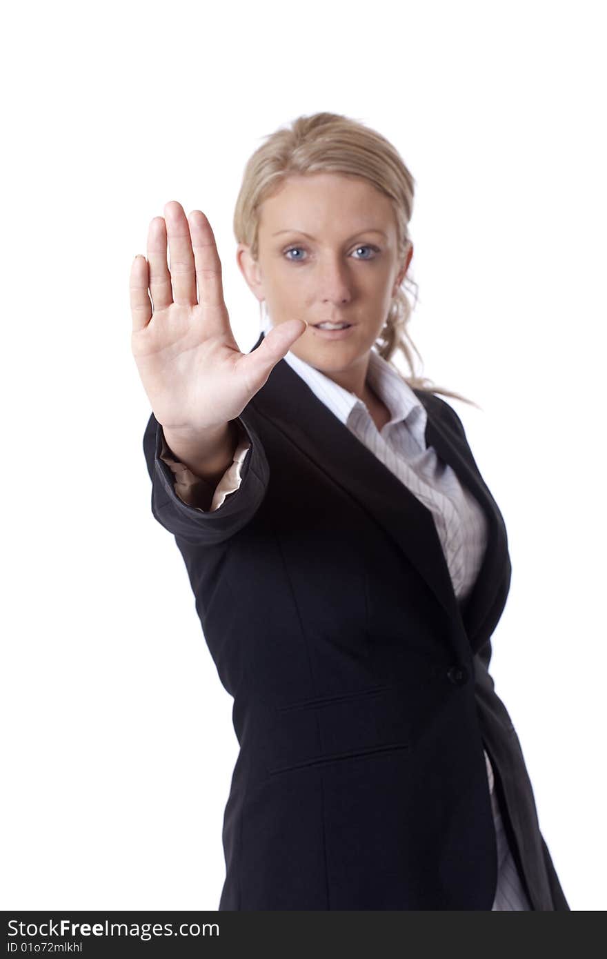 Businesswoman gesturing to stop isolated against a white background. Businesswoman gesturing to stop isolated against a white background