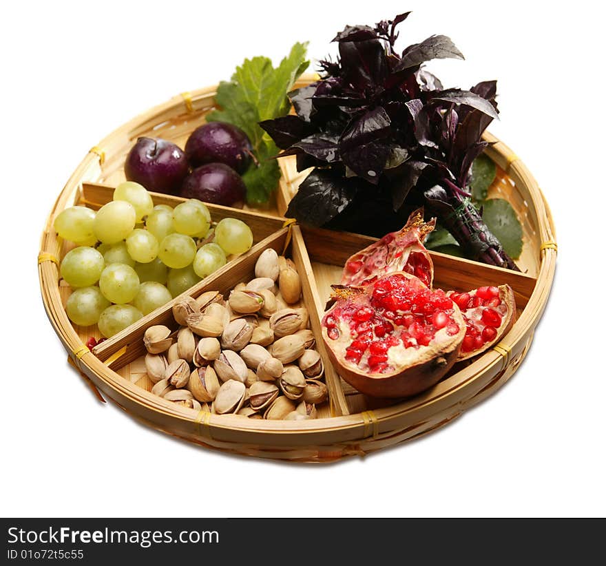 Basket with fruit, nuts and greens. Basket with fruit, nuts and greens