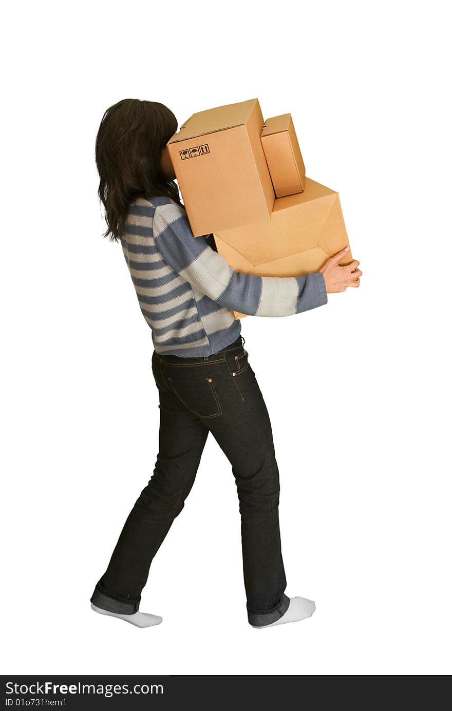 Woman with heavy yellow  boxes