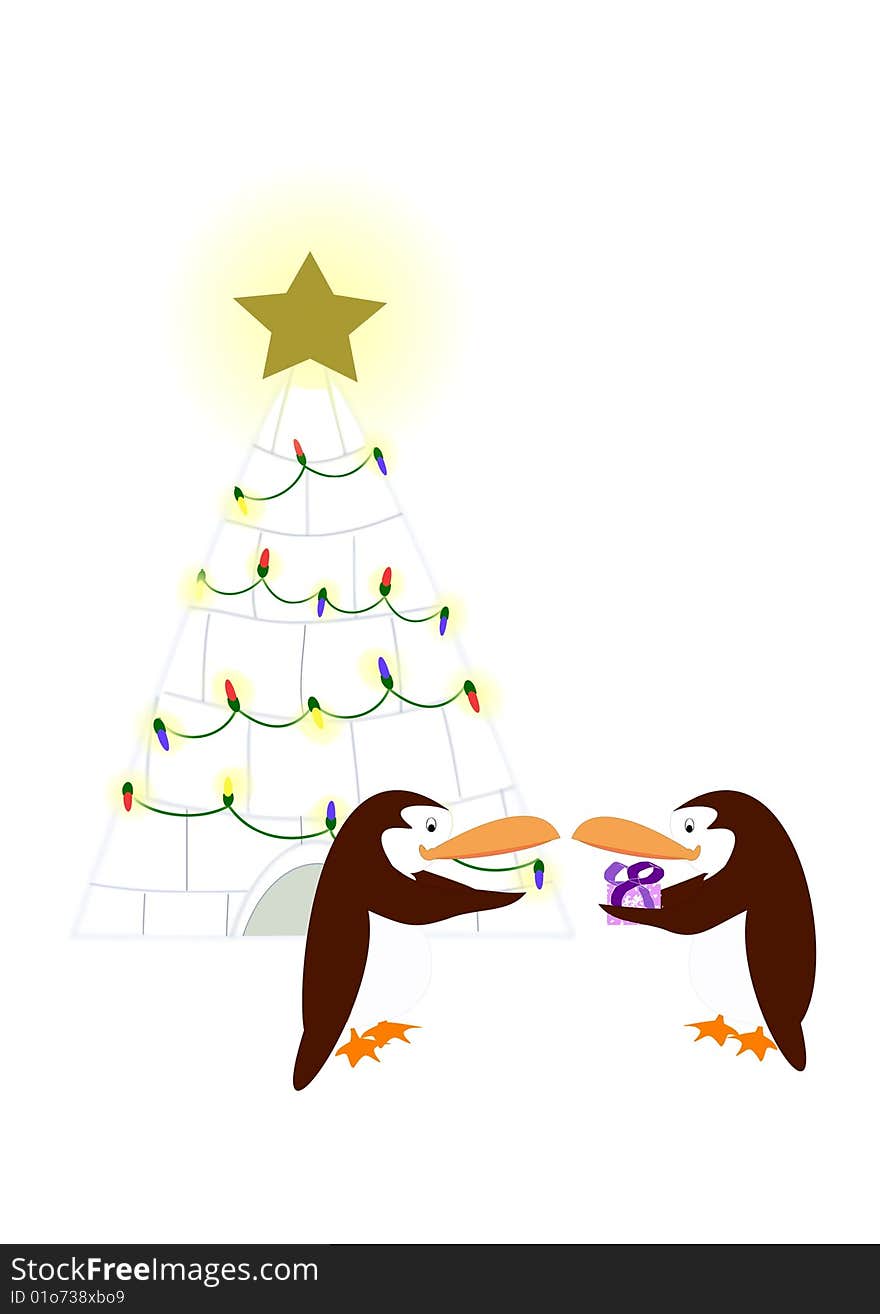 Drawing of two penguins who exchange a gift in front of an igloo decorated like a christmas tree