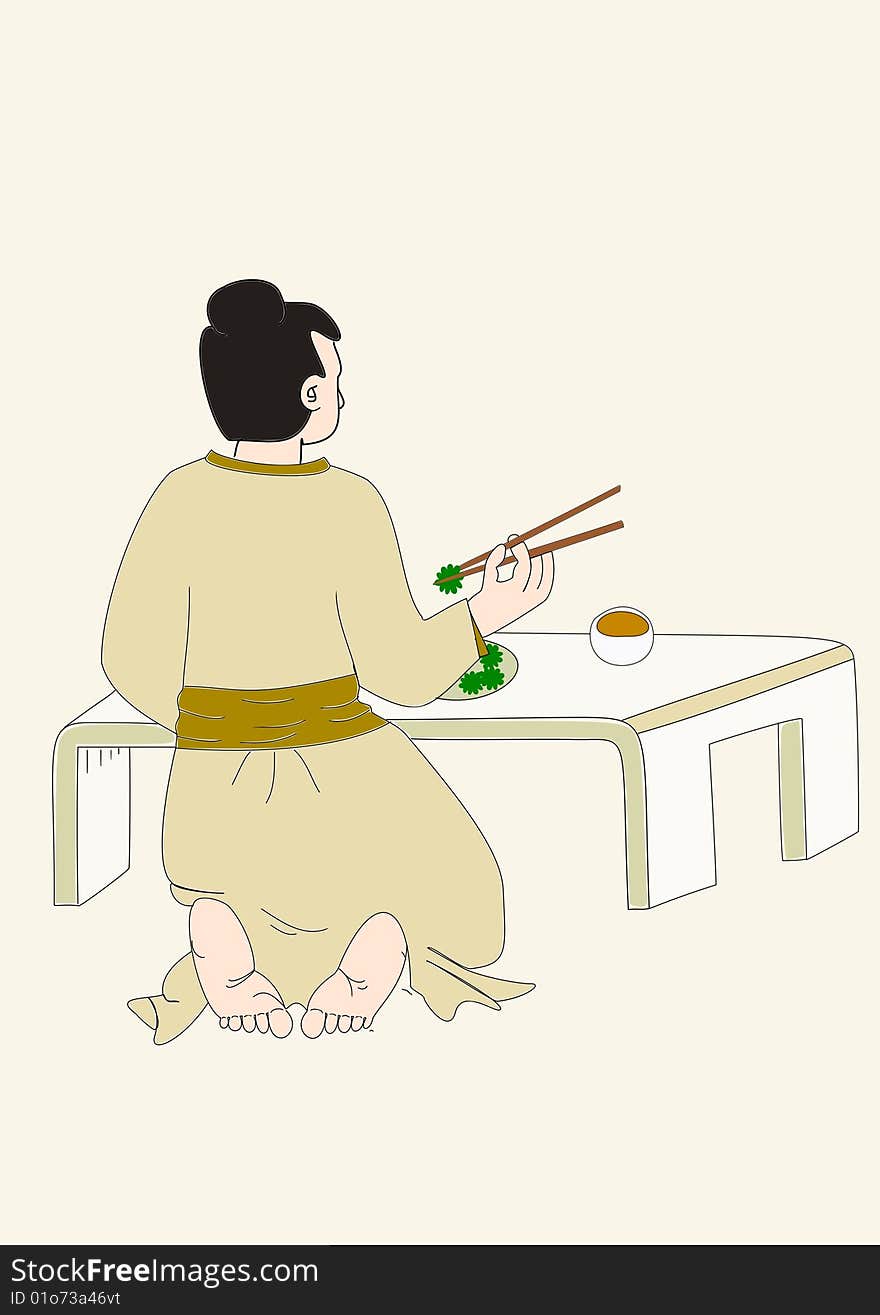 Drawing depicting a man who eats with chopsticks. Drawing depicting a man who eats with chopsticks