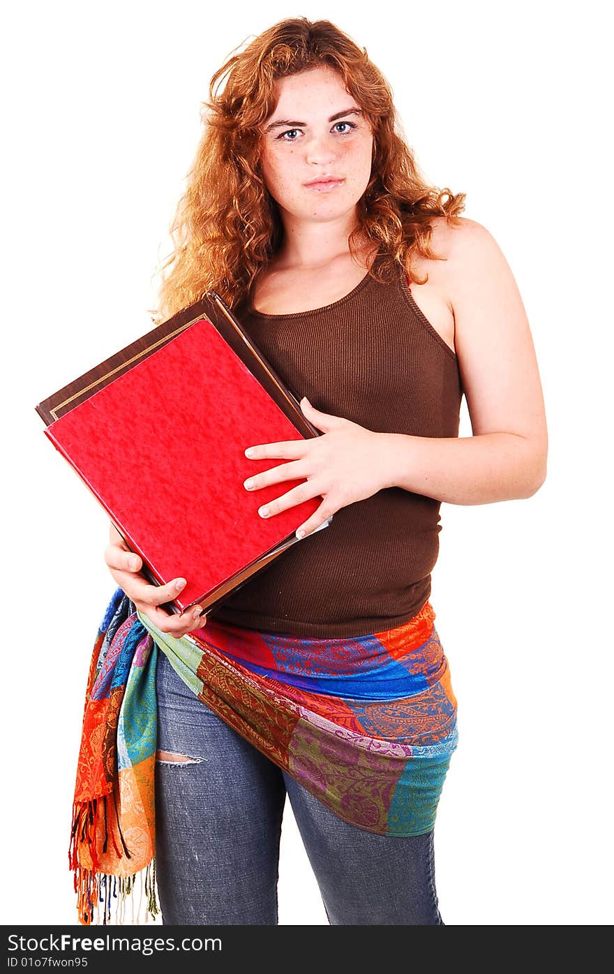 A pretty bright red haired girl with some folders in her hand and an
scarf around her waist in old torn jeans. A pretty bright red haired girl with some folders in her hand and an
scarf around her waist in old torn jeans.