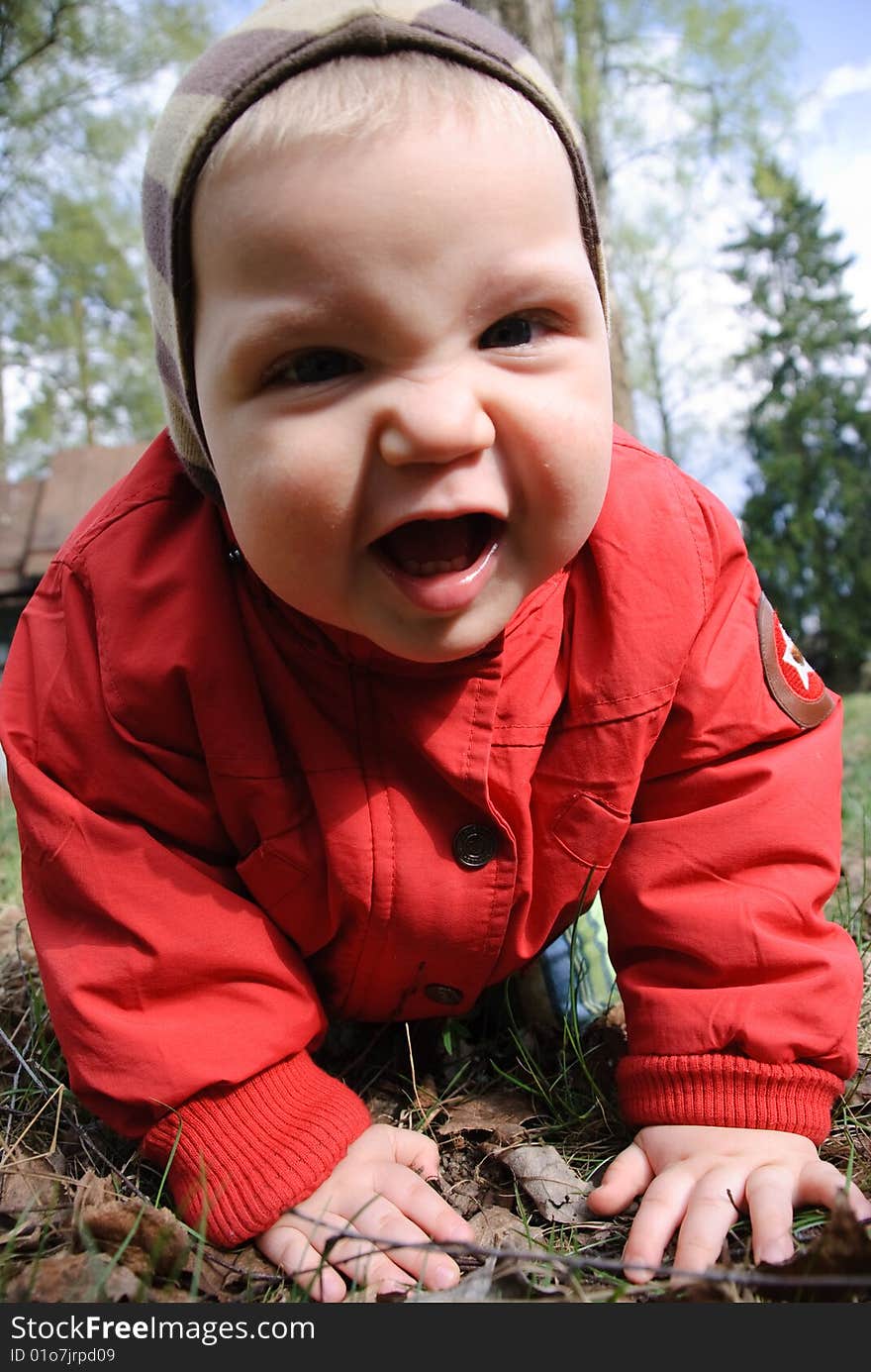 Little boy playing in leaves