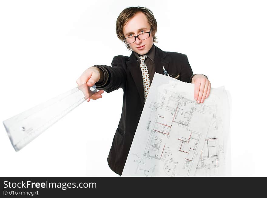 Young architect with sketch and ruler