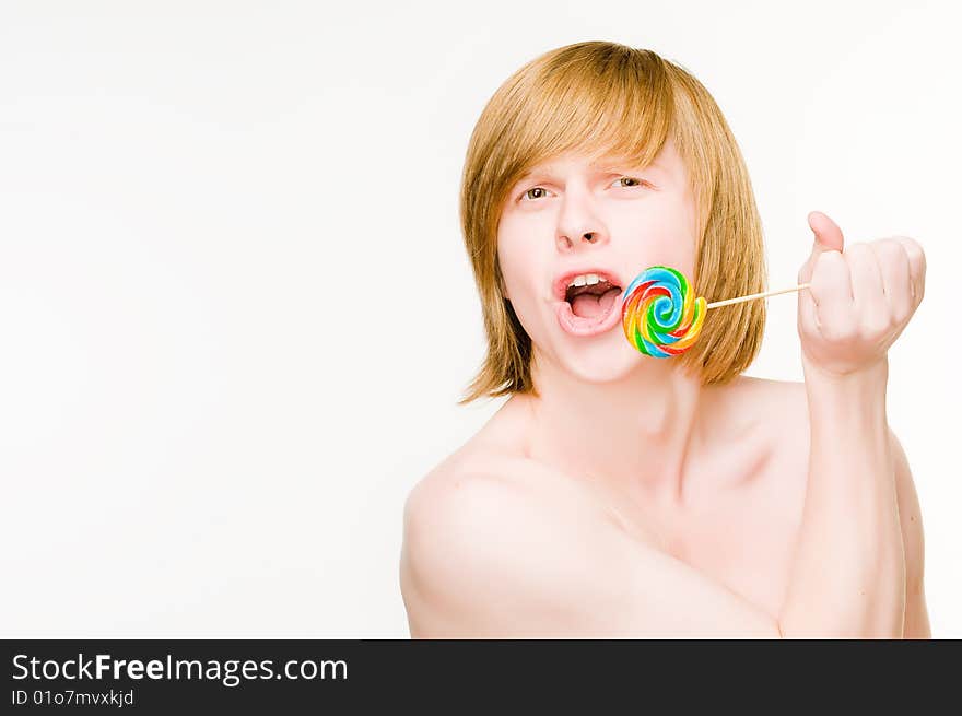 Funny red-haired man with lollipop, isolated on white background