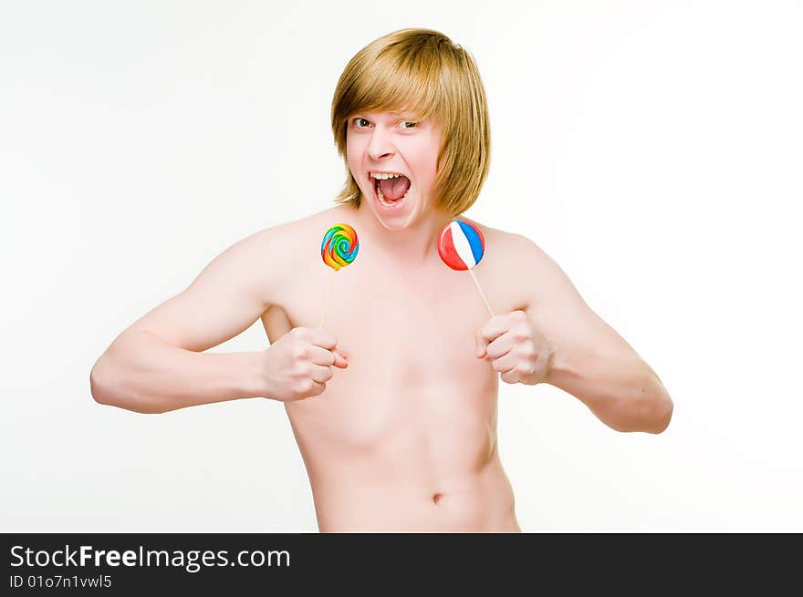 Funny red-haired man with lollipops, isolated on white background