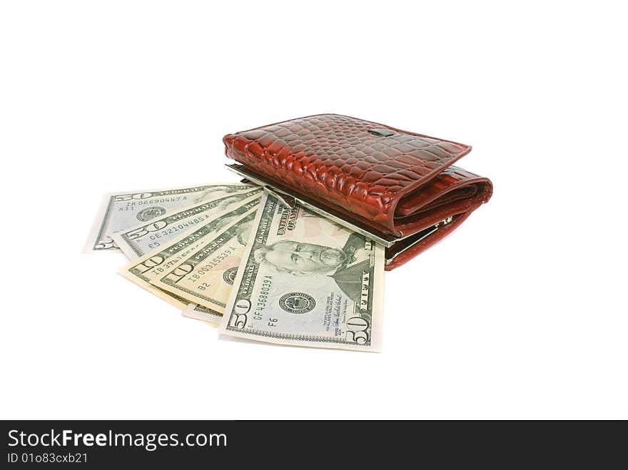 Red, varnished purse with money bill on white background. Red, varnished purse with money bill on white background