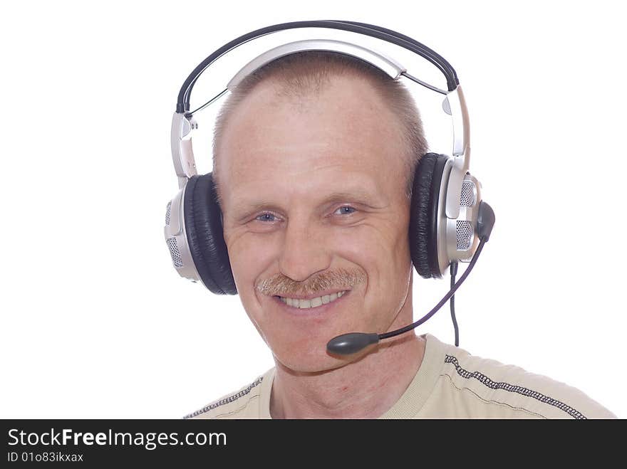 Man with smile on white background, in earphone. Man with smile on white background, in earphone