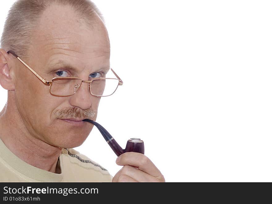 Man insulated on white background with smoking tube keeps in mouth. Man insulated on white background with smoking tube keeps in mouth