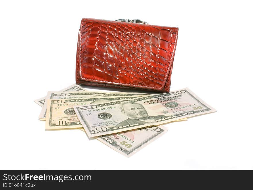 Red, varnished purse with money bill on white background. Red, varnished purse with money bill on white background