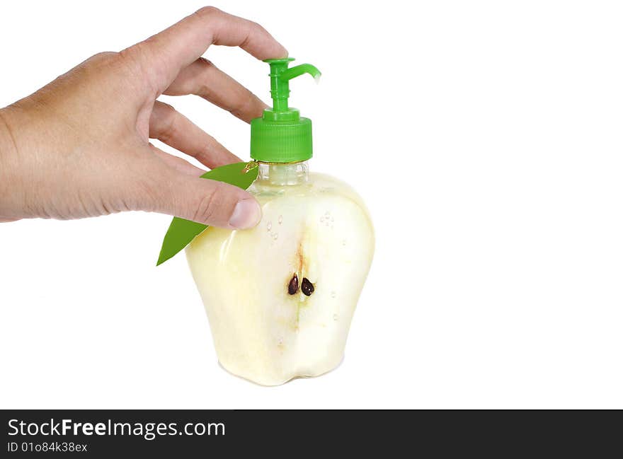 Hand, vial with cream-soap on white background