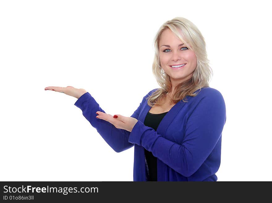 Pretty blonde woman in blue, isolated on white background with hands positioned for display.