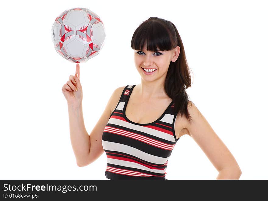 Woman with a football isolated over a white background