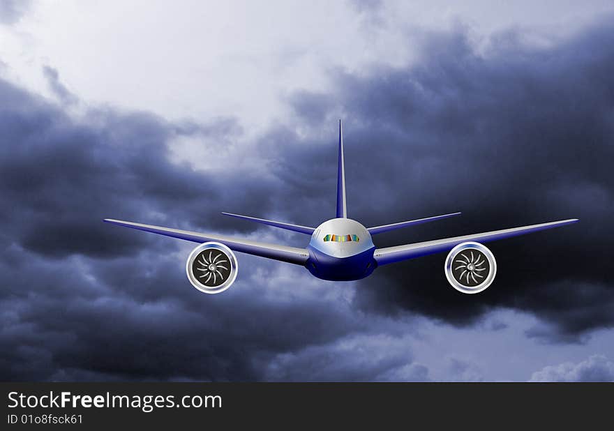 Illustration of a Light commercial jet plane taking off viewed from the front