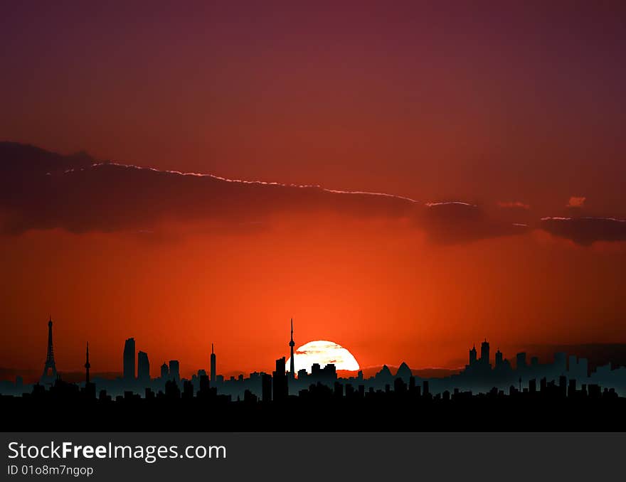 Sunset cityscape silhouette