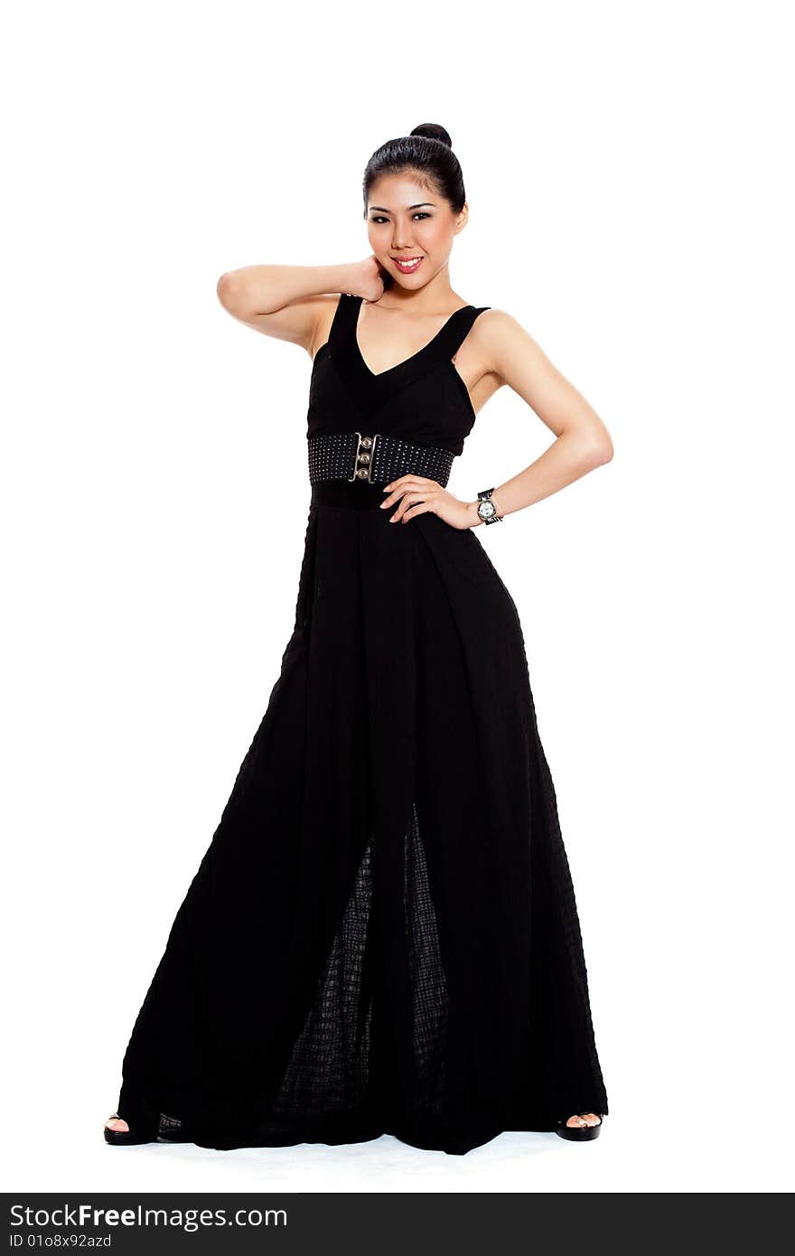 Beautiful smile of young woman in long black dress. Beautiful smile of young woman in long black dress