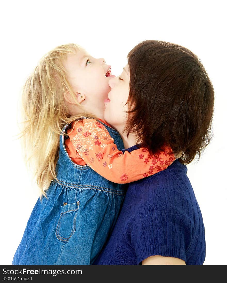 Mother and daughter portrait over white